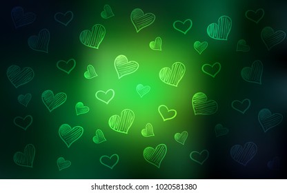Dark Green vector texture with lovely hearts. Glitter abstract illustration with colorful hearts in romantic style. Template for Valentine's greeting postcards.