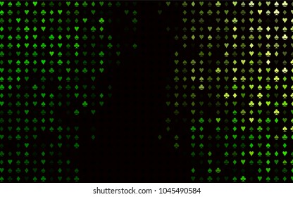 Dark Green vector texture with playing cards. Shining illustration with hearts, spades, clubs, diamonds. Template for business cards of casinos.