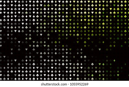 Dark Green vector texture with playing cards. Shining illustration with hearts, spades, clubs, diamonds. Template for business cards of casinos.