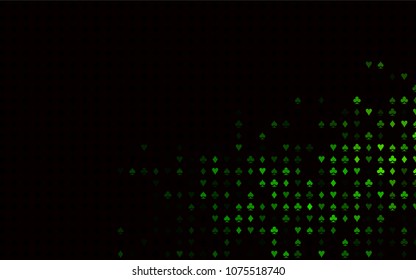 Dark Green vector texture with playing cards. Blurred decorative design of hearts, spades, clubs, diamonds. Pattern for booklets, leaflets of gambling houses.