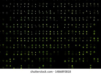 Dark Green vector texture with playing cards. Illustration with set of hearts, spades, clubs, diamonds. Design for ad, poster, banner of gambling websites.