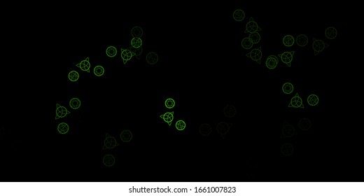Dark Green vector texture with religion symbols. Colorful vintage illustration with gradient alchemy shapes. Best design halloween events.