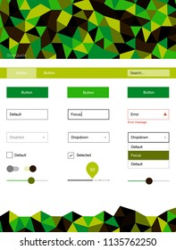 Dark Green vector ui ux kit in triangular style. Simple Material Design Kit with colorful mosaic of triangles. This template you can use for websites.