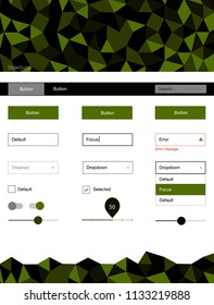 Dark Green vector web ui kit in polygonal style. Ui Ux kit with colorful polygonal background in its header. This sample is for your website.