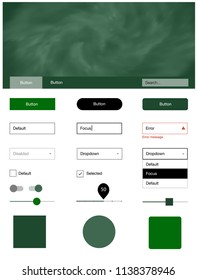 Dark Green vector web ui kit with nebula stars. Simple Material Design Kit with colorful clouds in header. This template you can use for landing pages.