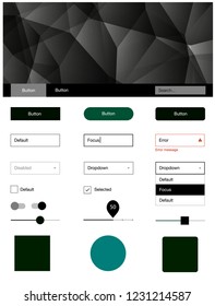 Dark Green vector web ui kit in polygonal style. Simple Material Design Kit with colorful mosaic of triangles. Simple colorful design for websites.