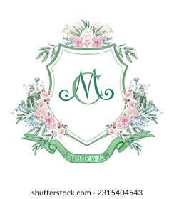 Cordeles de color verde oscuro con flores azules rosadas y polvorientas. CM diseño inicial de la cresta de boda ilustración vectorial.