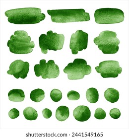 Conjunto de elementos gráficos vectoriales de acuarela verde oscuro. Trazos de pincel acuarela, manchas, manchas de degradado, formas de acuarela ovaladas, círculos de garabatos, manchas de pintura, puntos, manchas redondas. Colección Backgrounds