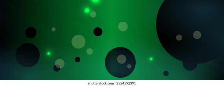 Dark green wide abstract background with circles and highlights. Vector abstract space concept banner.