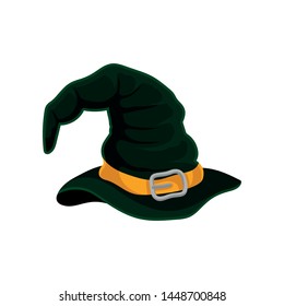 Dark green wizard hat with yellow ribbon. Vector illustration on white background.