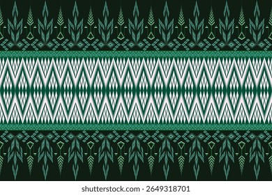 A dark green woven fabric pattern with a chevron stripe in the middle and floral or leaf motifs along the edges, suitable for textile and apparel designs with a tribal aesthetic.