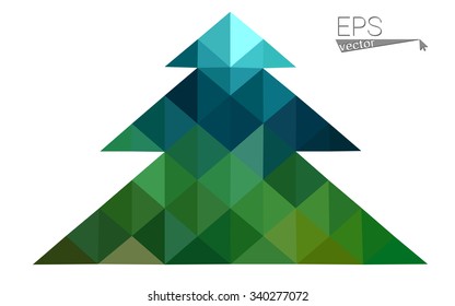 Dark green, yellow low poly style christmas tree vector illustration consisting of triangles. Abstract triangular poly origami or crystal design of New Years celebration. Isolated on white background