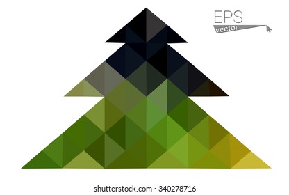 Dark green, yellow low poly style christmas tree vector illustration consisting of triangles. Abstract triangular poly origami or crystal design of New Years celebration. Isolated on white background