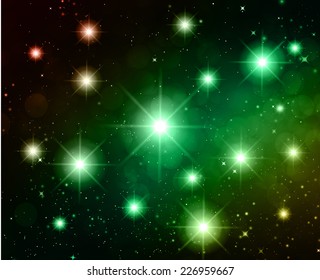 Dark green yellow red Defocused Light, Flickering Lights, Vector abstract festive background with bokeh defocused lights. universe, galaxies, stars. 