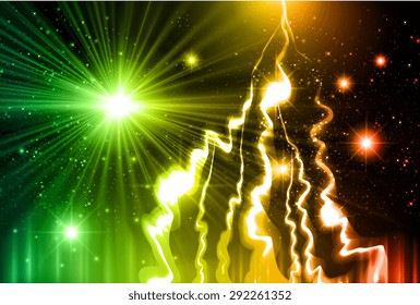 Dark green yellow red Night sky with stars and nebula. lightning flash strike background. bolt, thunderbolt. thunder