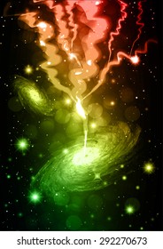 Dark green yellow red Night sky with stars and nebula. lightning flash strike background. bolt, thunderbolt. thunder