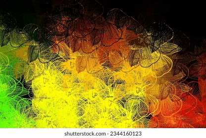 Dunkelgrünes, gelbes, abstraktes Muster mit Blumen. Illustration mit bunten abstrakten Doodle-Blumen. Neues Design für Ihr Unternehmen.