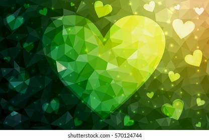 Dark green, yellow vector abstract Triangle Geometrical Heart on white polygonal background. Happy Valentine's Day Greeting Card. Stock template for your design.
