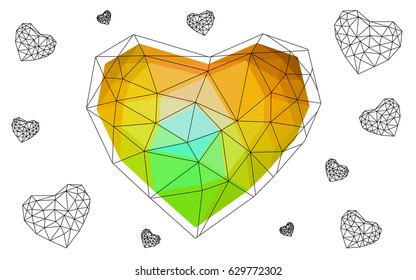 Dark Green, Yellow vector abstract glitter heart shape on white background in love concept for valentine's day with sweet and romantic moment. Polygonal design for your business.