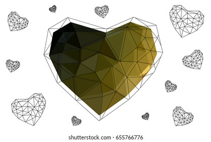 Dark Green, Yellow vector abstract Triangle Geometrical Heart on white polygonal background. Happy Valentine's Day Greeting Card. Stock template for your design.