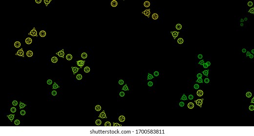 Dark Green, Yellow vector backdrop with mystery symbols. Colorful vintage illustration with gradient alchemy shapes. Best design halloween events.