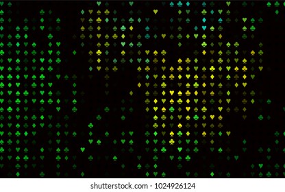 Dark Green, Yellow vector background with cards signs. Colorful gradient with signs of hearts, spades, clubs, diamonds. Pattern for booklets, leaflets of gambling houses.