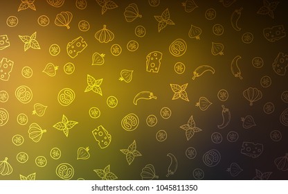 Dark Green, Yellow vector background with tasty food. Blurred decorative design of snacks in doodle style. Doodle design for your business advert of cafes.