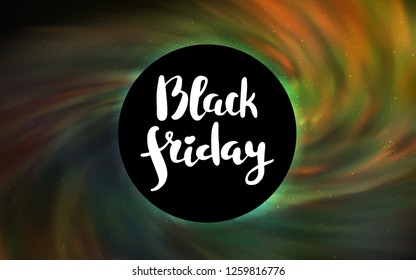 Dark Green, Yellow vector background with a black hole, sky. Illustration with colorful milky way stars and a black hole. Backdrop for Black Friday promotions.