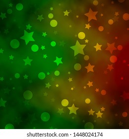 Dark Green, Yellow vector background with circles, stars. Abstract illustration with colorful spots, stars. Design for wallpaper, fabric makers.