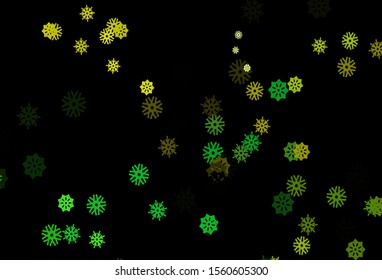 Dark Green, Yellow vector background with xmas snowflakes. Shining colored illustration with snow in christmas style. The pattern can be used for year new  websites.