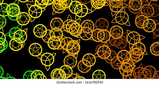 Dark Green, Yellow vector background with occult symbols. Colorful vintage illustration with gradient alchemy shapes. Best design halloween events.