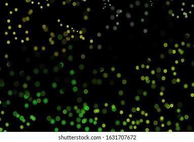 Dark Green, Yellow vector background with xmas snowflakes. Snow on blurred abstract background with gradient. The template can be used as a new year background.