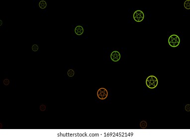 Dark Green, Yellow vector background with occult symbols. Illustration with magical signs of spiritual power. Best design halloween events.