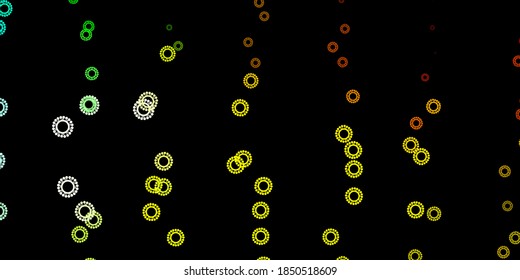 Dark green, yellow vector background with covid-19 symbols. Colorful abstract illustration with gradient medical shapes. Wallpaper for health protection.