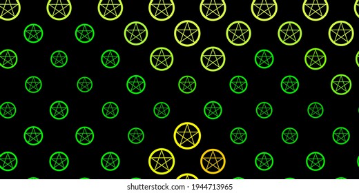 Dark Green, Yellow vector background with occult symbols. Illustration with magical signs of spiritual power. Best design halloween events.