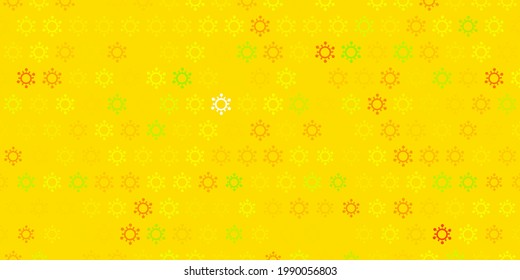 Dark green, yellow vector background with covid-19 symbols. Simple design in abstract style with infection forms. Best design for quarantine events.