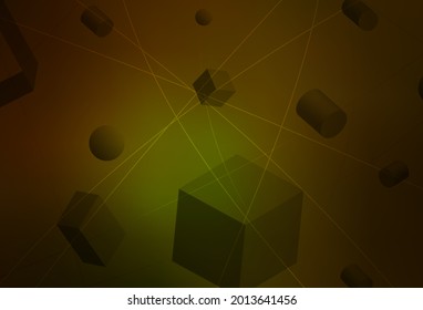 Dark Green, Yellow vector background with 3D cubes, cylinders, spheres, rectangles. Abstract illustration with volumetric figures. Modern design for a business card.