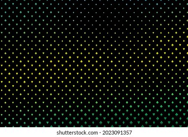 Dark green, yellow vector background with cards signs. Colorful gradient with signs of hearts, spades, clubs, diamonds. Pattern for ads of parties, events in Vegas.