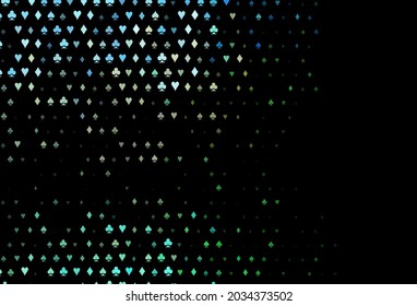 Dunkelgrüner, gelber Vektorhintergrund mit Kartenzeichen. Abstrakte Glitter-Skizze mit einzelnen Symbolen der Spielkarten. Vorlage für Visitenkarten von Casinos.