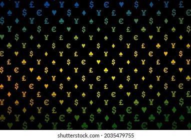 Dark green, yellow vector background with cards signs. Colorful gradient with signs of hearts, spades, clubs, diamonds. Pattern for ads of parties, events in Vegas.