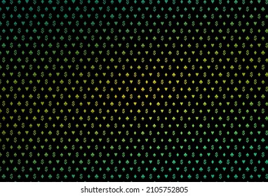 Dark green, yellow vector background with cards signs. Glitter abstract sketch with isolated symbols of playing cards. Pattern for ads of parties, events in Vegas.