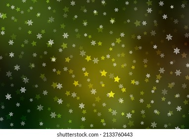 Dark Green, Yellow vector background with beautiful snowflakes, stars. Gradient colorful illustration with snow in christmas style. Base part for New Year leaflets.