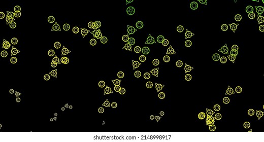 Dark Green, Yellow vector background with occult symbols. Illustration with magical signs of spiritual power. Design for magic, spiritual events.