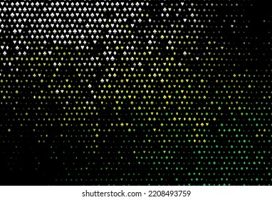 Dark green, yellow vector background with cards signs. Blurred decorative design of hearts, spades, clubs, diamonds. Template for business cards of casinos.