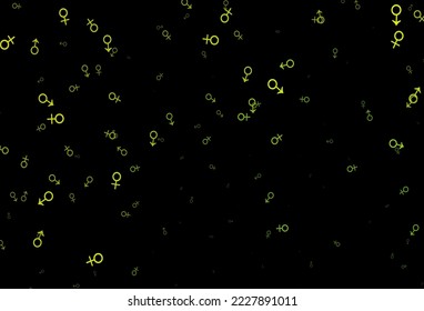 Verde oscuro, fondo vectorial amarillo con símbolos de género. Ilustración abstracta con símbolos de género de gradiente colorido. Diseño inteligente para aplicaciones de citas.