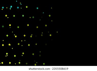 Verde oscuro, fondo vectorial amarillo con triángulos, círculos, cubos. Decoración de estilo abstracto con líneas, puntos, cubos. El patrón se puede usar para sitios web.