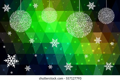 Dark Green Yellow vector christmas polygon background. Low poly Illustration consisting of triangles with snowflakes. Texture, seamless background of New Year celebration.