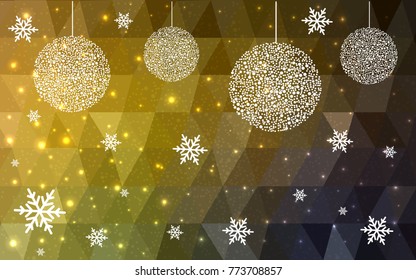 Dark Green Yellow vector christmas polygon background. Low poly Illustration consisting of triangles with snowflakes. Texture, seamless background of New Year celebration.