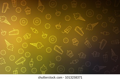 Dark Green, Yellow vector cover with set of confections. Decorative shining illustration with sweets on abstract template. Template of children's food in cafe.