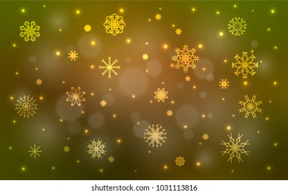 Dark Green, Yellow vector cover with beautiful snowflakes. Snow on blurred abstract background with gradient. The template can be used as a new year background.